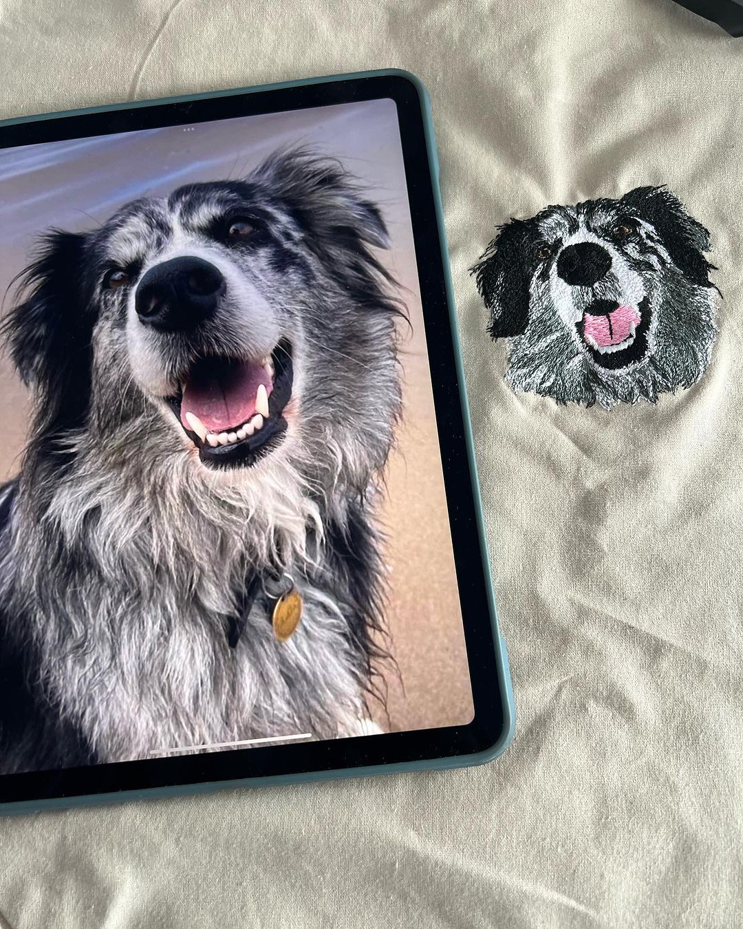 Customized sweatshirt with hand embroidered pet colored avatar