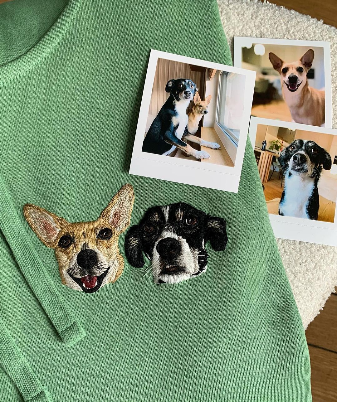 Customized sweatshirt with hand embroidered pet colored avatar