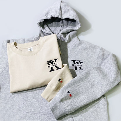 Customized hoodies with two people's initials and dates